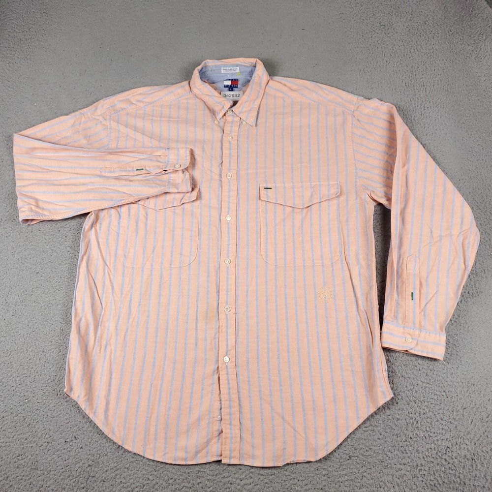 Tommy Hilfiger Shirt Mens XL Orange Blue Striped Casual Button Up Long Sleeve *